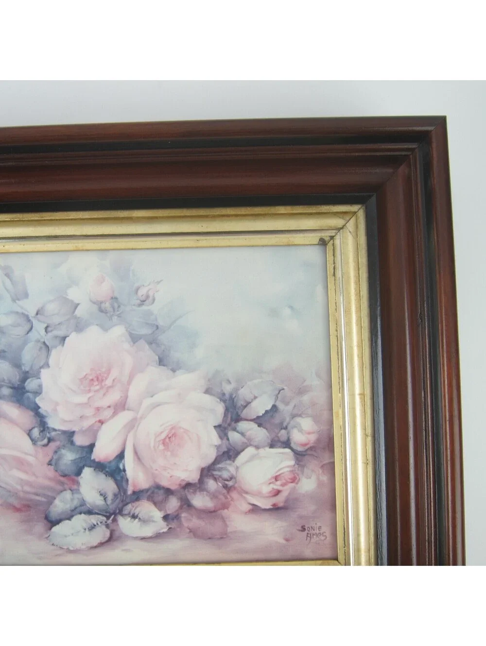 Antique Victorian Deep Picture Frame Wood Gold Gilt Vntg Sonie Ames Roses Print